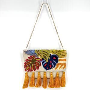 CHICO'S Tropical Embroidered Small Woven Purse Tassels Chain Strap Colorful